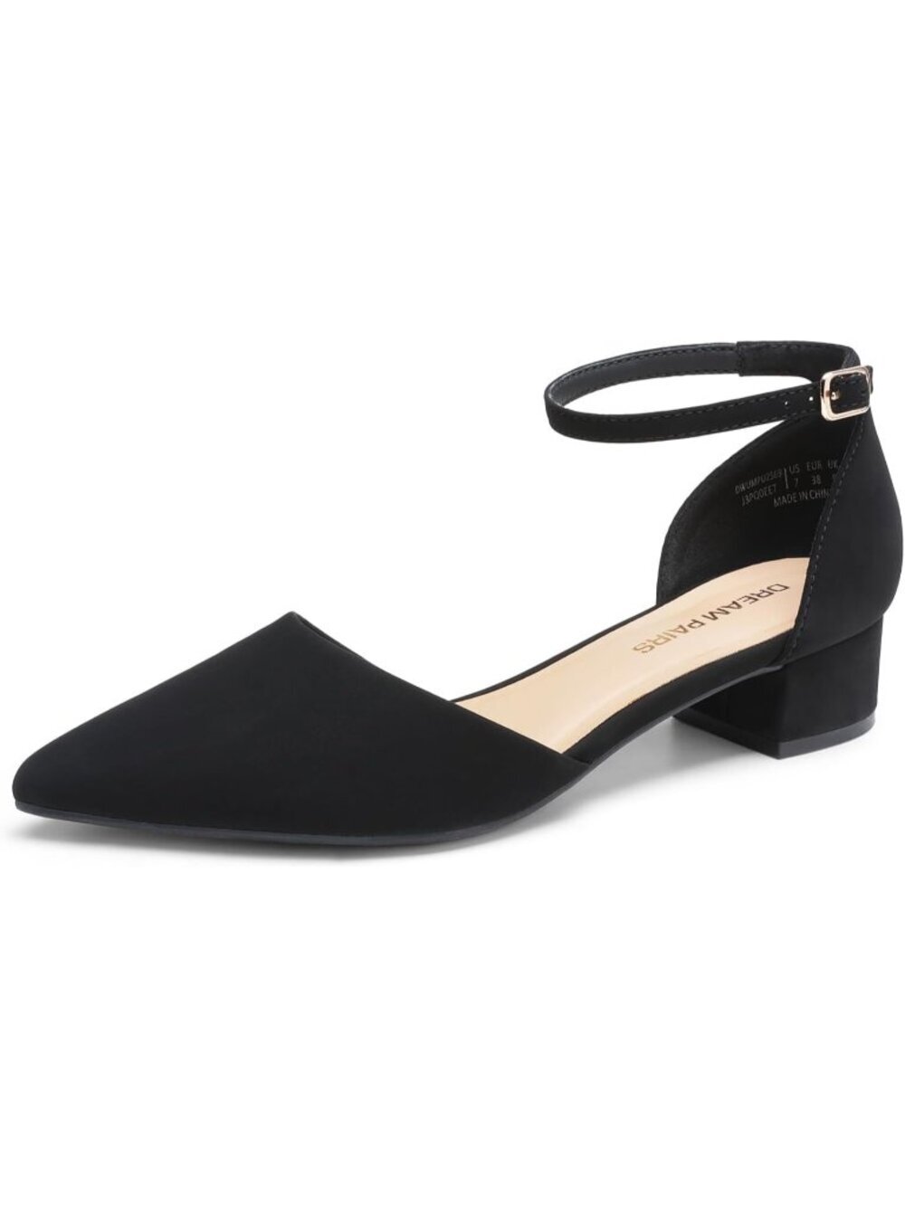 Women's Black Nu Buck Low Heel Pump Pointed Toe Comfort Casual Ankle Strap Shoes